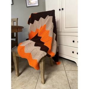 Afghan Blanket Chevron Pattern Bold Bright Throw Orange Brown Tan, 52” x 63"